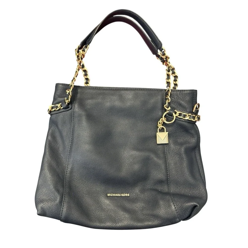 Michael Kors Navy Blue Pebbled Leather Chain Shoulder Tote Gold Lock Charm Bag